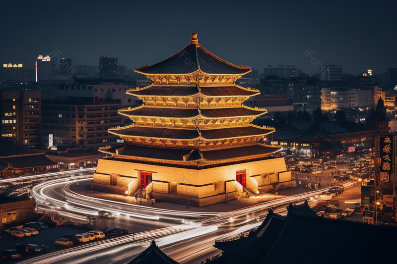陕西西安市钟楼熙熙攘攘人群多车流灯光夜景,高清,摄影图,摄影图片,图片大全,摄影图免费下载